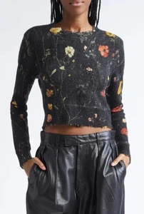 R13 Floral Distressed Merinowolle Rundhals Pullover schwarz Damengröße L neu ohne Etikett - Bild 1 von 4