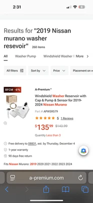 Nissan Murano 2019-24 nuevo fabricante de equipos originales limpiaparabrisas lavadora depósito tanque con cuello  Foto 1 de 4