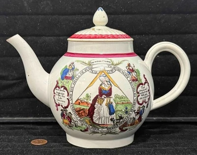 Rare Antique Pearlware MASONS Transfer Hand Painted Tea Pot, Married Lid, c 1800 - Image 1 of 4