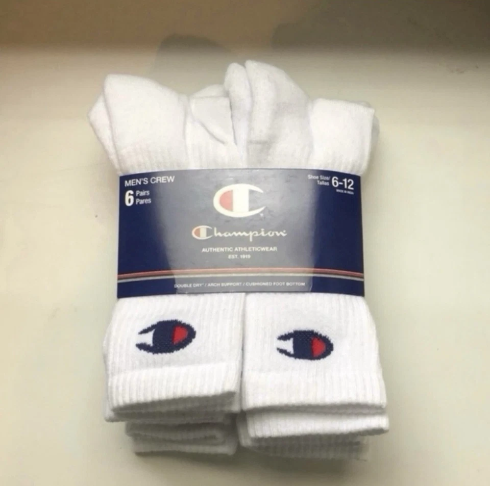Champion Men's Double Dry Moisture Wicking Logo 6-pack Crew Socks White Size