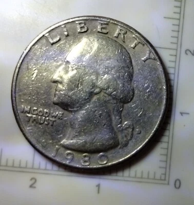 1980 D WASHINGTON QUARTER ERROR FILLED MINT MARK, IN GOD WE TRUST. E80D - Image 1 of 4