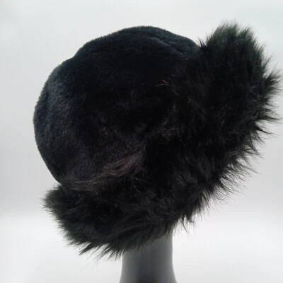 Cloche Bucket女式帽子黑色卷边柔软灰色人造毛皮绗缝衬里 — 第 1/4 张图片