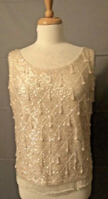 Blusa sin mangas vintage de los años 50 con cuentas blanca crema lana Hong Kong grande Foto 1 de 4