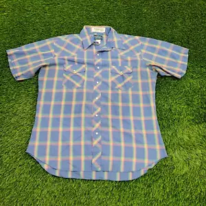 Vintage Wrangler Pearl Snap Shirt Large (16/16.5) 23x31 Pastel Plaid Blue Pink - Picture 1 of 12