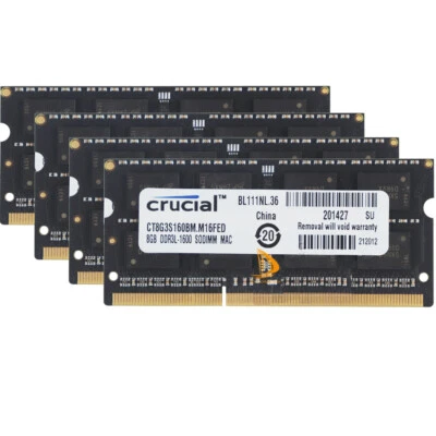 Crucial DDR3L RAM 32 GB 4x 8 GB PC3L-12800S SODIMM 1600Mhz Laptop Memory CL11 - Image 1 of 4