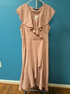 Size Large Women's V Neck Ruffle A Line Belted Sleeveless Cocktail Dress Pink - Picture 1 of 18