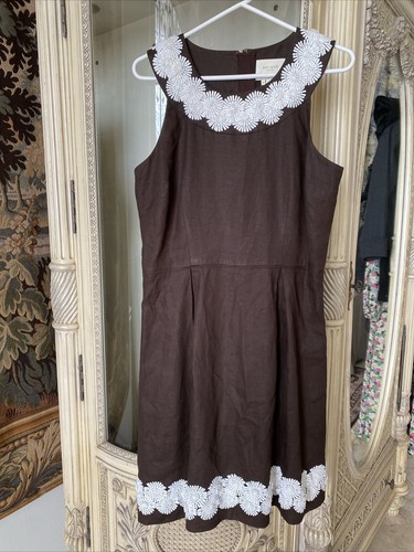 Abito Kate Spade bianco e marrone 3 D fiori lino senza maniche taglia 10 Fit&Flare