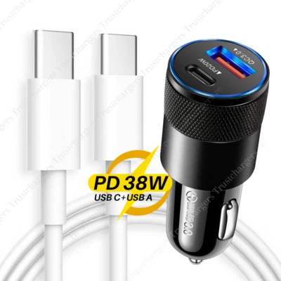 PD 38W USB C QC 3.0 Fast Car Charger Adapter Dual Type C Cable For iPhone 15 16 - Image 1 of 4
