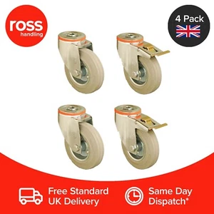 Set of 4 100mm Non Marking Grey Wheels Castors hole fitting Casters Heavy Duty - Picture 1 of 2