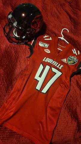 Louisville Cardinals 2019 Riddell Game Worn Helmet and Music City Bowl Jersey ! Cover