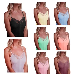 Ladies Plain Cotton Vest Top Lace Trim Neck Design Cami Tank Strappy Camisole - Picture 1 of 9