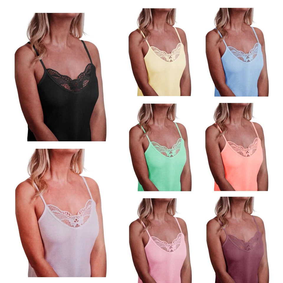 Ladies Plain Cotton Vest Top Lace Trim Neck Design Cami Tank Strappy Camisole - Image 1 of 1