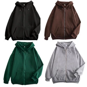 Women Long Sleeve Hoodie Full Zip Sweatshirt Drawstring Hooded Drop Shoulder Top - Picture 1 of 18