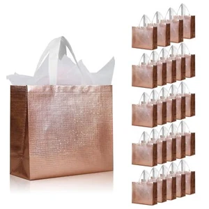 Rose Gold Reusable Gift Bags with Metallic Design 25 Pcs Non-woven Gift Bag B... - Picture 1 of 6