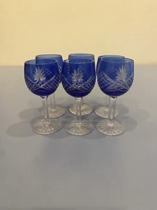 BEAUTIFUL VTG SET OF(6) Cobalt Blue Cut To Clear Cordial Glasses 3.25"H - Picture 1 of 9