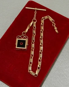 Antique Gold Filled 12" Victorian Pocket Watch Chain MOP Onyx Spinner Fob 38g - Picture 1 of 9