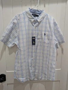 Men's U.S. Polo Assn XL White and Blue Plaid Short Sleeve Button Down Shirt- NWT - Picture 1 of 7