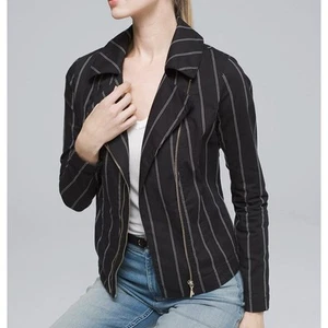 NEW White House Black Market Women Black Stripe Double Zipper Moto Jacket Size 0 - Picture 1 of 9
