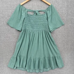 JODIFL Smocked Dress Sz M Short Sleeve Ruffle Hem Green Babydoll Y2K Milkmaid 90 - Picture 1 of 12