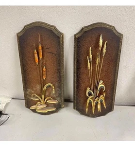 VTG 1970s Brass & Wood Plaque Pair Hanging Wall Art Cattails Cat Tails Decor HLN - Picture 1 of 11