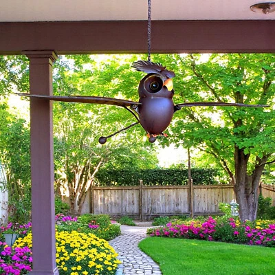 Hanging Whimsical Rustic Metal Flapping Wing Owl BirdOn Chain Yard Garden Porch - Image 1 of 4