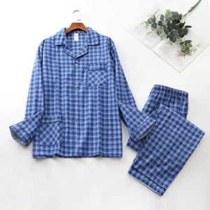 Men Cotton Pajamas Set Long Sleeve Button Soft Pants Sleepwear High Quality - Picture 1 of 9