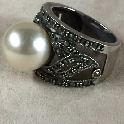 Sterling Silver Marcasite Pearl Cocktail Ring 6.5” - Image 1 of 3