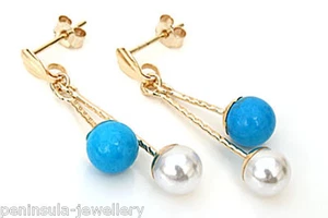 9ct Gold Turquoise and Pearl Drop earrings 5mm ball Made in UK Gift Boxed - Picture 1 of 4