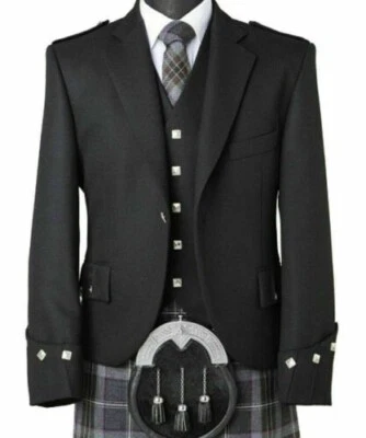 Men Scottish Argyle Jacket With Vest Black Serge Wool Wedding Argyle Kilt Jacket - Photo 1/4
