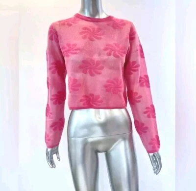ZARA PINK SEMI SHEER TOP WOMENS CROP SWEATER FLORAL MESH KNIT LONG SLEEVE~MEDIUM - Image 1 of 4