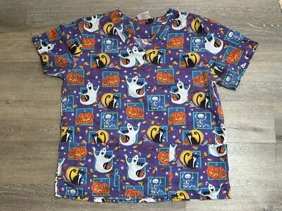 VTG Halloween Small Scrub Top purple Fun Pattern Medical Nurse Dental Vet - Image 1 of 4