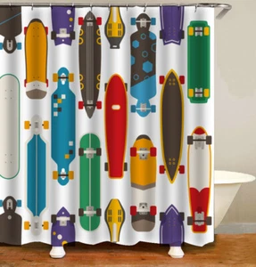 Skateboard Shower Curtain Cartoon Kids Bathroom Decor with Hooks Waterproof - Picture 1 of 5
