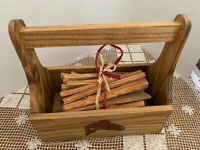 RUSTIC WOOD KINDLING BOX WITH METAL FISH DECORATION & HANDLE - Image 1 of 4