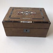 Small wooden walnut box with inset wire work and mother of pearl decoration