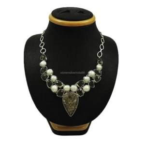 925 Sterling Silver Pearl Gemstone Smoky Quartz Cluster Artisan Necklace Jewelry - Picture 1 of 6