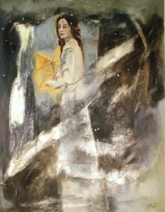 Karoline Varin-Jarkowski, "Frau mit Regenschirm", Mischtechnik auf Papier, ungerahmt - Bild 1 von 1