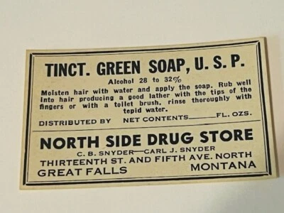 Anuncio de etiqueta de boticario farmacia farmacia de colección jabón verde lado norte Montana Falls Foto 1 de 2