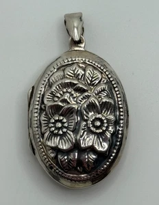 Sterling Silver Flower Locket Floral Repousse Pendant - Picture 1 of 11