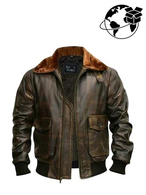 G-1 Aviator A-2 Real Bomber Flight Jacket Distressed Brown Men's Leather Jacket - Image 1 of 4