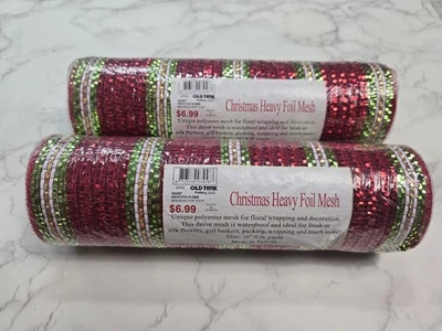 2 Fabric Decorative Mesh Poly 10"X 10 yd Red Green Christmas Heavy Foil Striped  - Image 1 of 4