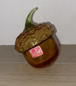 Vintage Viking Glass Acorn Amber Brown MCM Green paperweight RARE Original Label - Picture 1 of 8