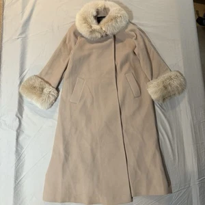 Fluerette Cashmere Wool Coat Women’s Fur Trim Long Beige Vintage USA - Picture 1 of 21