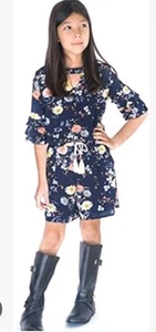 Pagliaccetto floreale Smukke Big Girls Tween a strati con volant pantaloncini cravatta tasche boho blu navy 10 - Foto 1 di 6