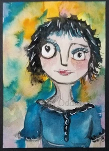 Aceo Original Watercolor Painting Surreal Odd big eye Girl Nikki - Picture 1 of 1