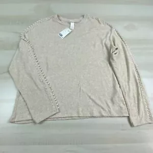 H&M Womens Sweater Medium Beige Pullover Pearl Accents Boxy Loose Oversized New - Picture 1 of 10