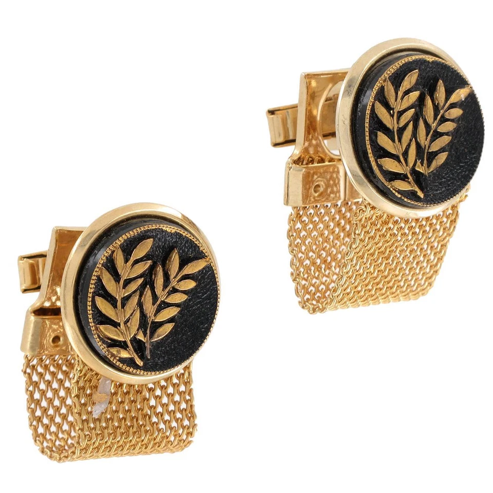 Mesh Wrap Cufflinks Gold Tone Black Glass Leaf Vintage 1 1/8" Foto 1 de 1