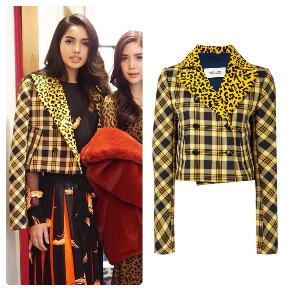 NUEVO CON ETIQUETAS $998 Talla 10 DVF Diane von Furstenberg Chaqueta Recortada Amarilla a Cuadros Leopardo Foto 1 de 4