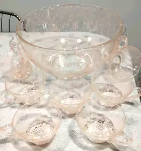 Hazel Atlas Atomic Glass Pink Spaghetti Splatter Punch Set W/ 7 Cups VGUC Vtg! - Picture 1 of 8