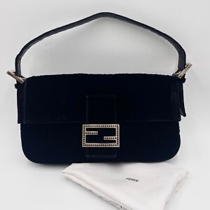 Fendi Baguette FF Embroidered Black Velvet Handbag Crystal Logo Shoulder Bag