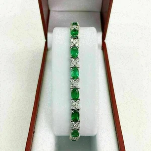 12Ct Oval Cut Emerald & Diamond Women's Tennis Bracelet 14k White Gold Plated 7" - Picture 1 of 10